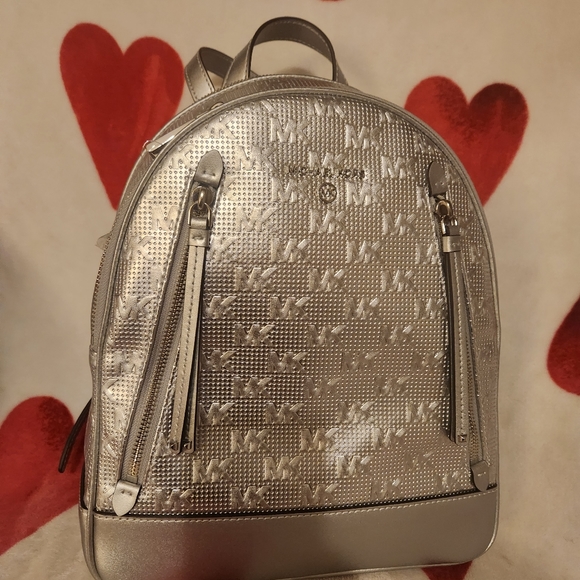 Michael Kors Brooklyn Backpack- Metallic Silver and VS Shimmer Backpack Keyfob - Picture 5 of 11